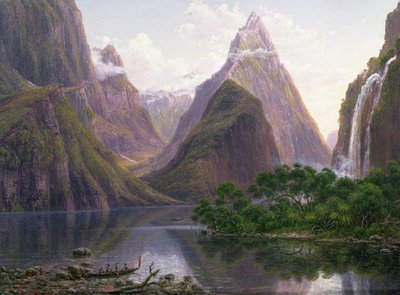 Native figures in a canoe at Milford Sound, West Coast of South Island, New Zealand, also depicted are Mitre Peak and Bowens Fall by Eugene von Guérard
